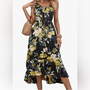 BROVAVE Women's 2024 Summer Boho Spaghetti Strap V Neck Flowy Midi Hi-Low Dress